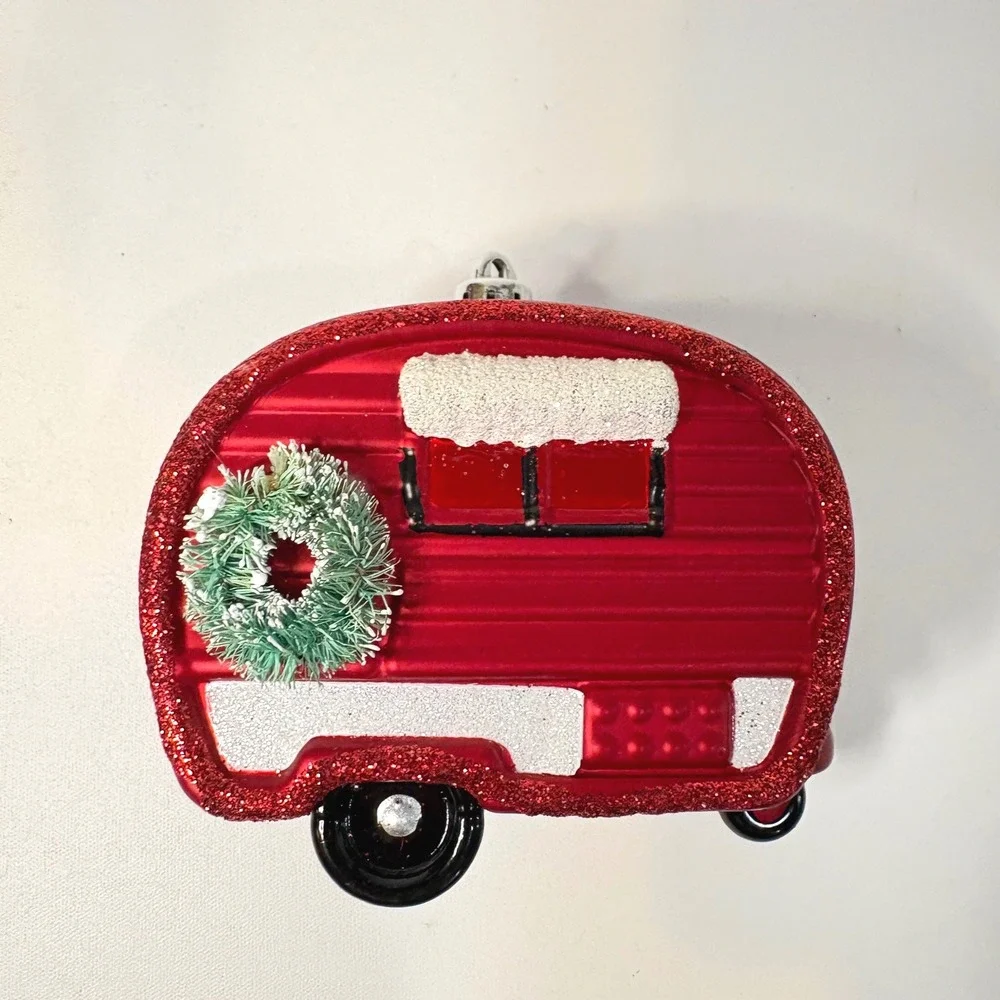 Red Retro Camper Trailer Christmas Ornament with Wreath and Glitter Accents